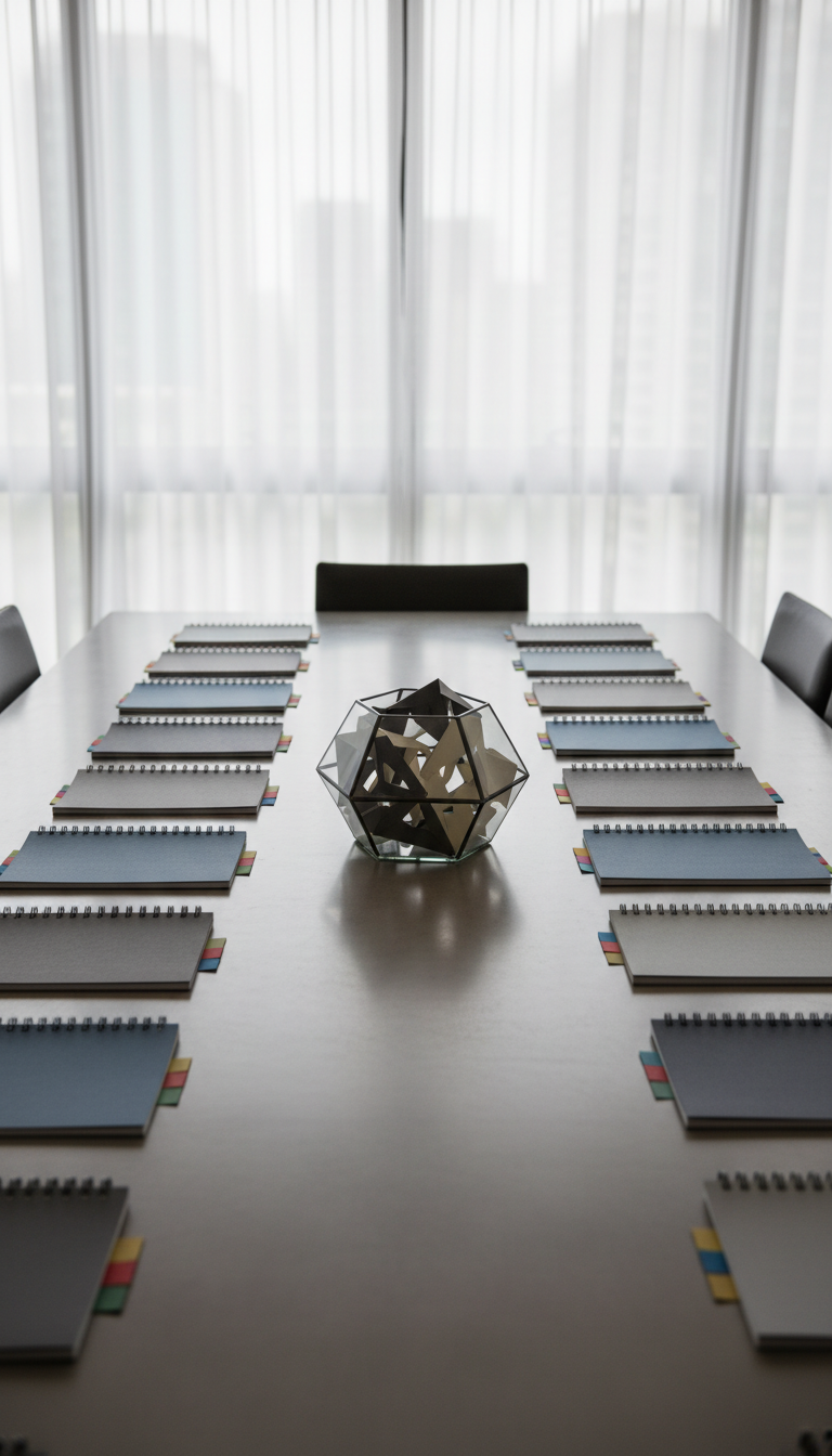 A large, smooth concrete conference table featuring an organized array of high-quality, unbranded spiral-bound reports, color-coded tab inserts, and a central piece: a crystal-clear, geometric glass vase holding neatly arranged charcoal grey and ivory paper origami shapes symbolizing structured thinking. The backdrop consists of floor-to-ceiling windows draped in soft, sheer curtains, allowing muted daylight to lend an understated elegance. The lighting creates delicate highlights across the polished surface and defined shadows under the paper figures. Captured from a slightly elevated perspective, with a sharp focus across the table and a subtly out-of-focus background, the mood is orderly and contemplative, channeling the corporate, analytical ethos of a strategy consulting firm.